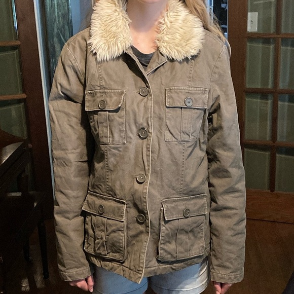 Roots rare blue label vintage green trucker coat with fake fur collar - Picture 1 of 6